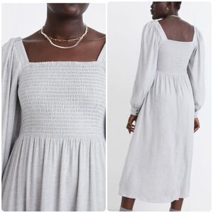 Madewell Lucie Long Sleeve Smocked Wool Gauze Midi Dress in Heathered Gray sz M